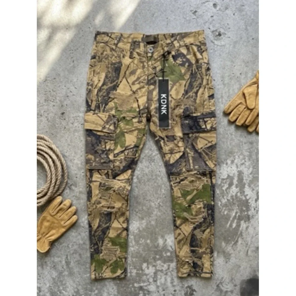 KDNK Mens Forest Camo Brown‎ Pants 32/31.5 Skinny Ripped Patches Outdoor Jeans
